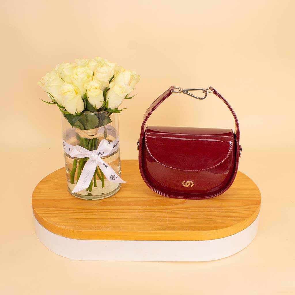 Cocan Half-Moon Bag Burgundy & White Roses Vase