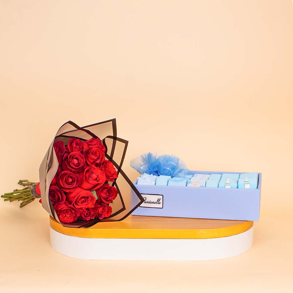 Passionelle Chocolate Baby Boy 1kg & Red Roses Bouquet