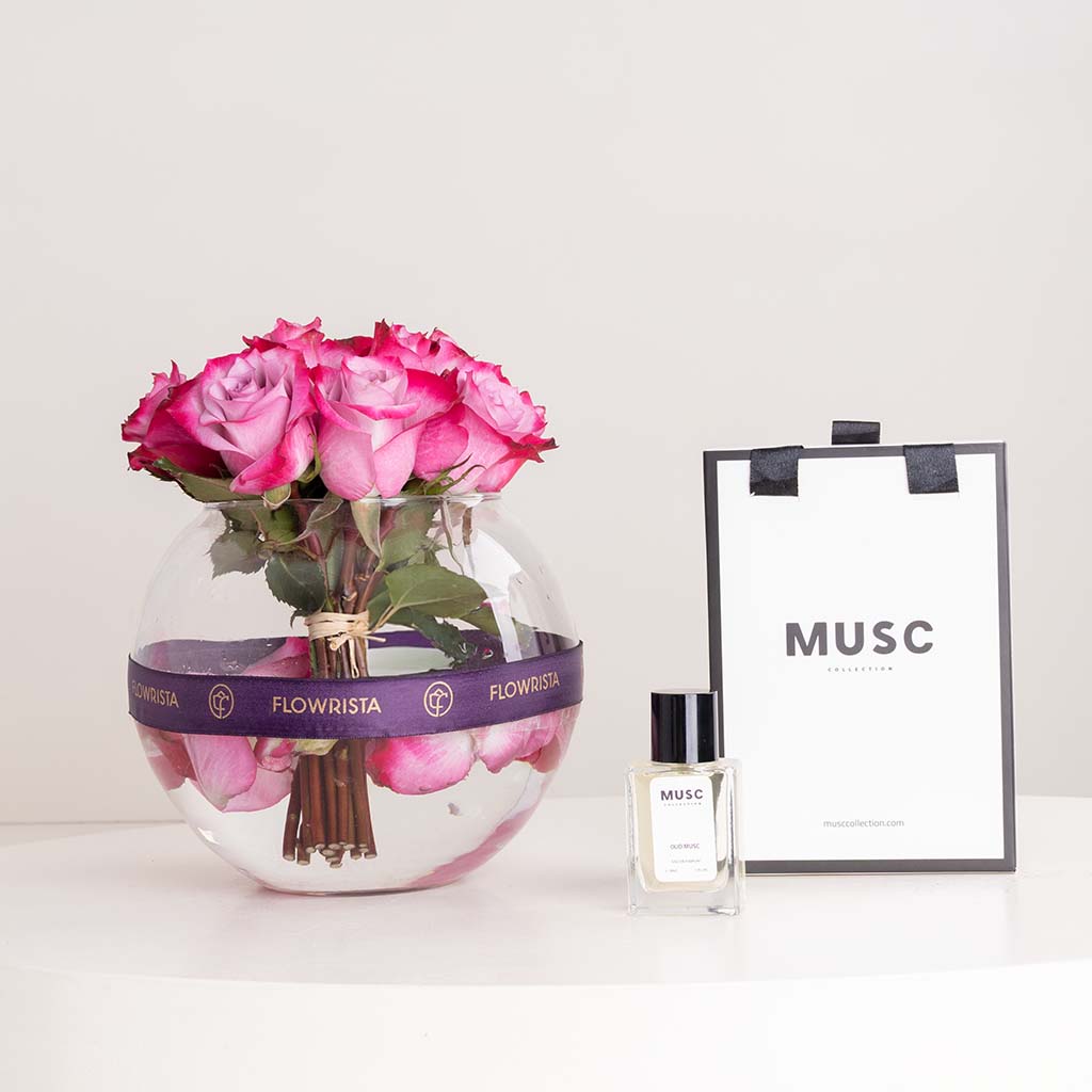MUSC Oud Musc Perfume & Purple Roses Vase