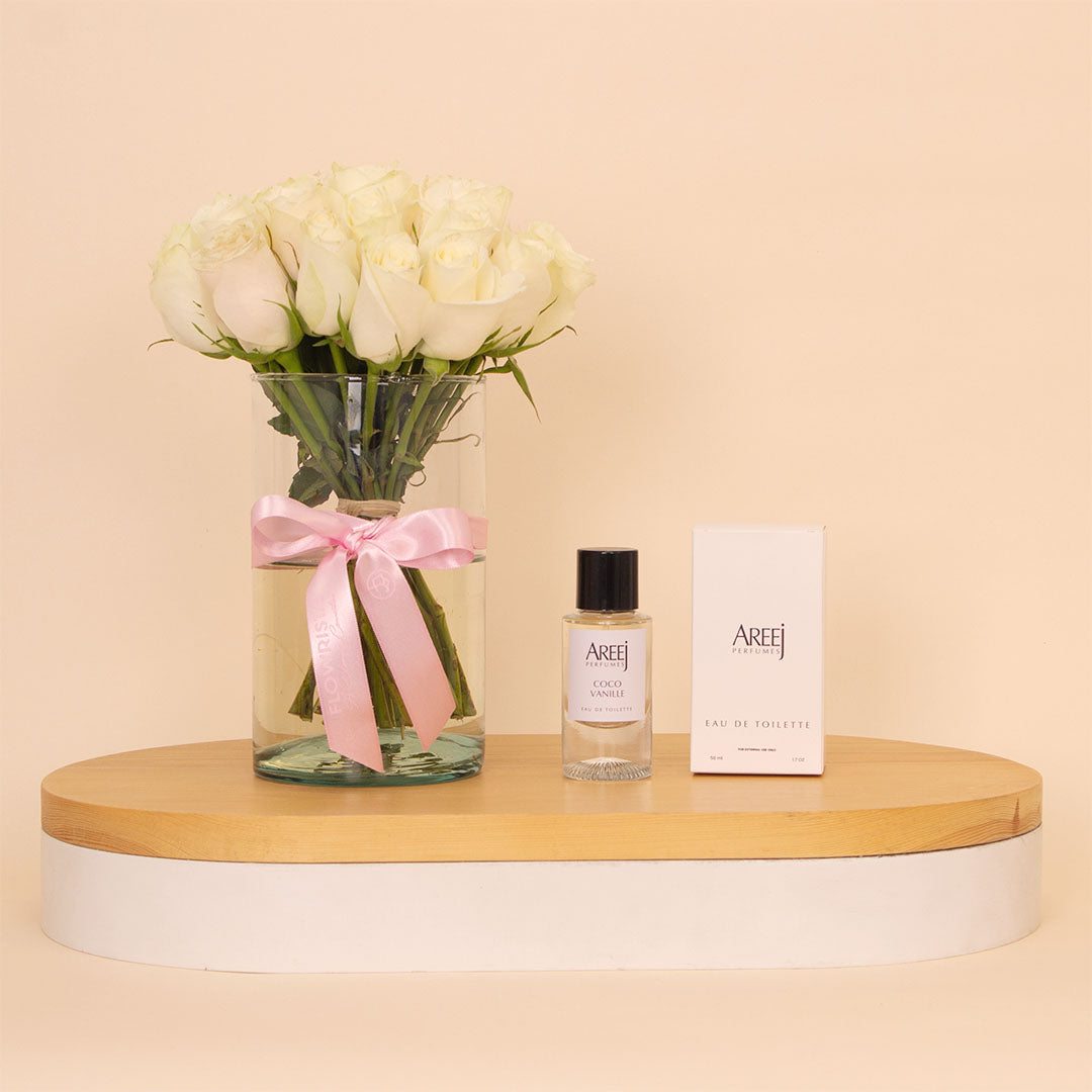 Areej Coco Vanille Eau de Toilette & 15 White Roses Vase