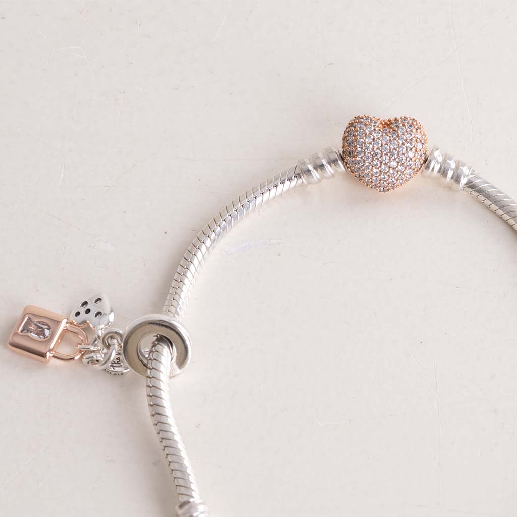 Pandora Heart Clasp Bracelet with Lock & Key Charm & Revival Roses Bouquet