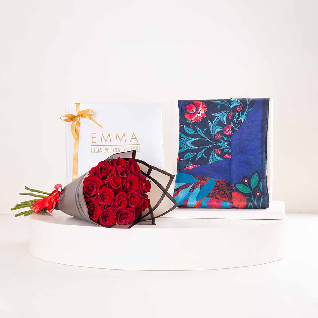 EMMA Secret Garden Scarf & Red Roses Bouquet