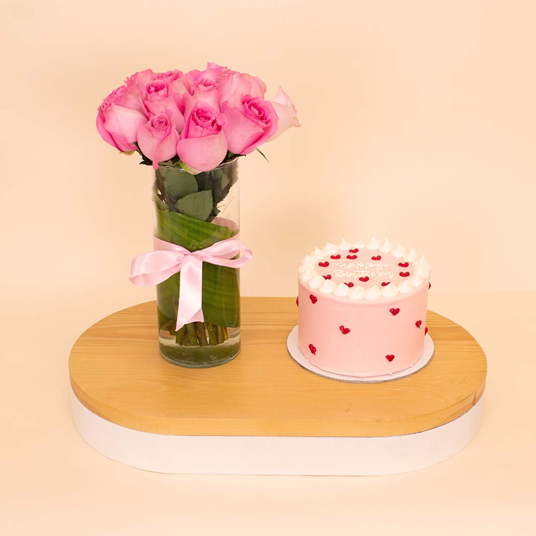 Ninos Heart-Dotted Birthday Cake & 15 Pink Roses Vase