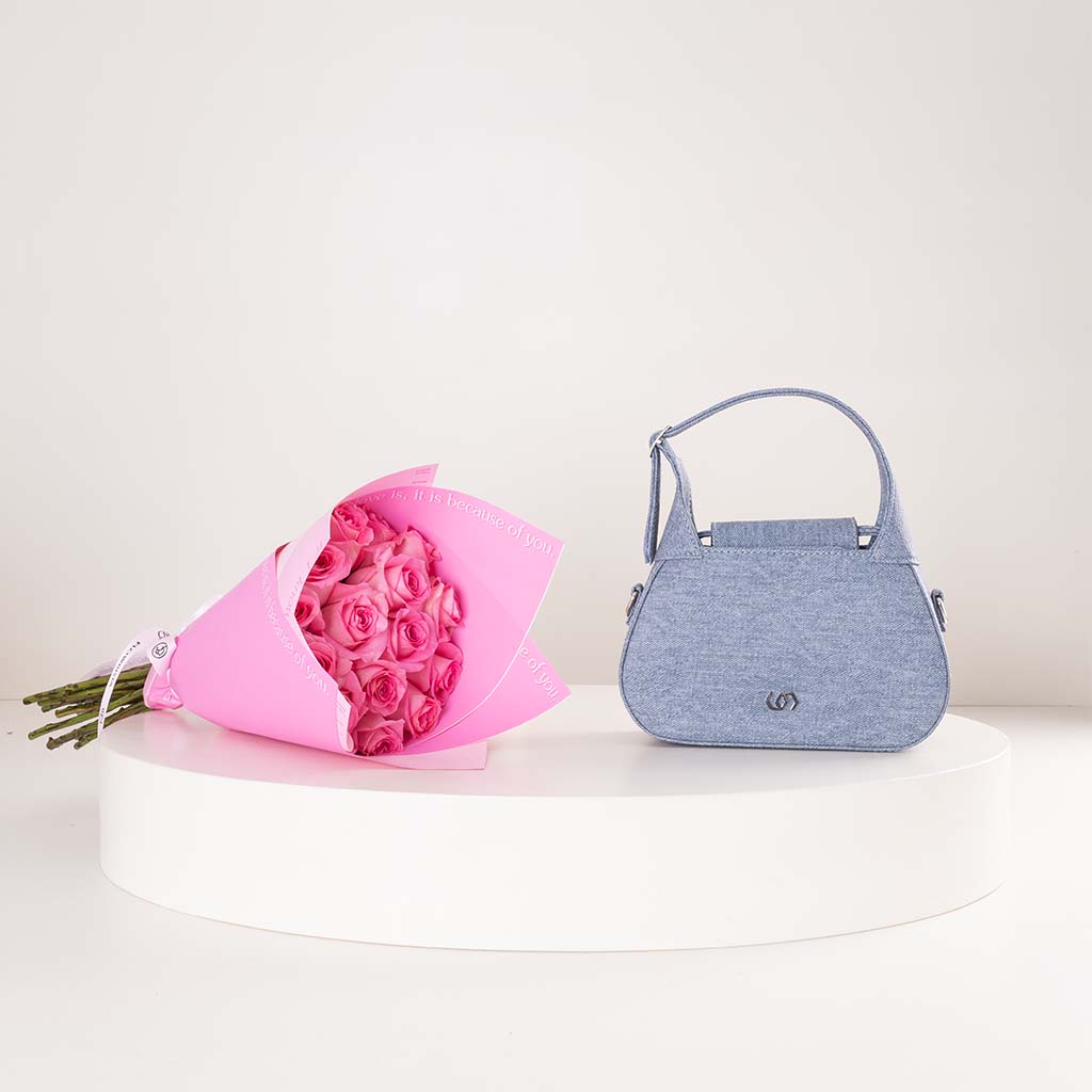Cocan Luxurious Blue Bag & Pink Roses Bouquet