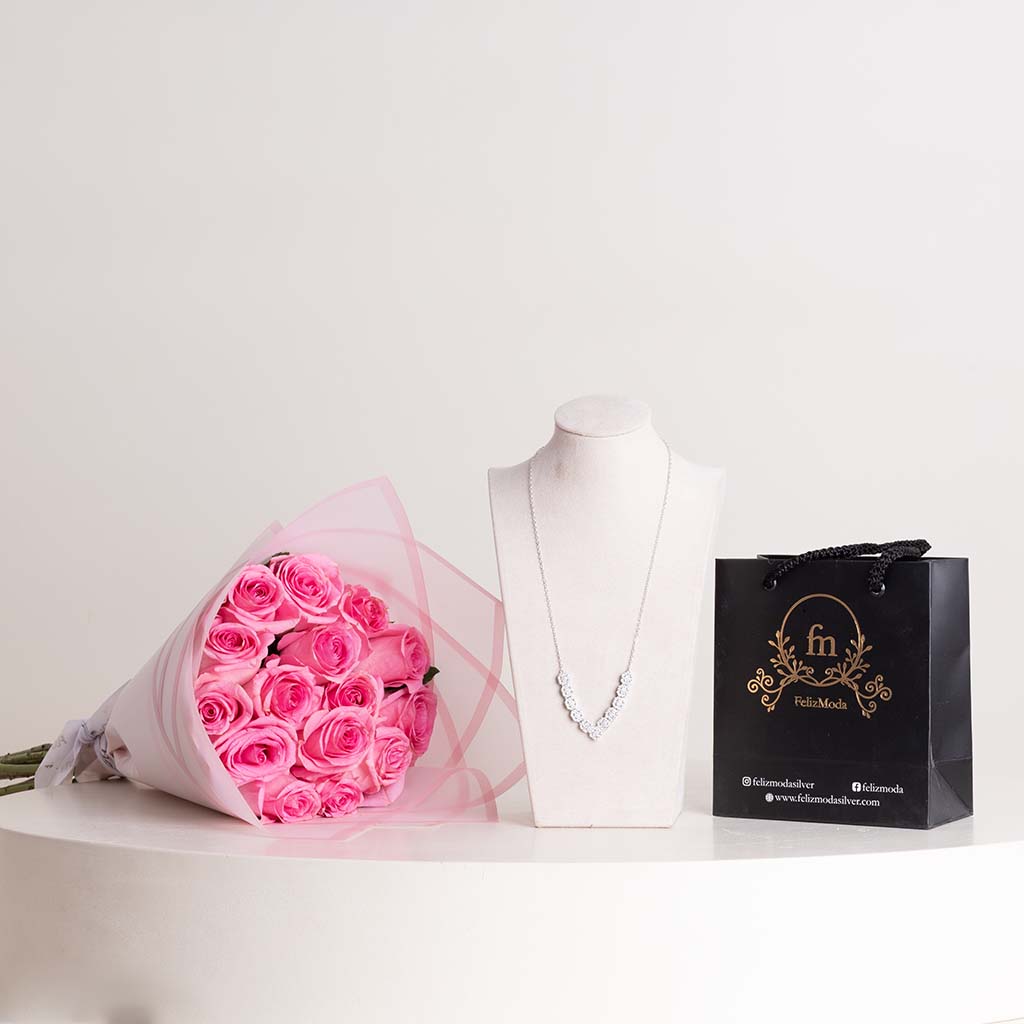 Felizmoda Silver Necklace & Pink Roses Bouquet