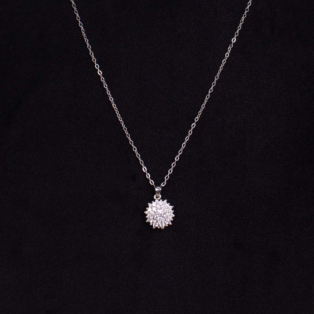 FelizModa Shiny Stones Round Pendant Silver Necklace | Red Flower Vase