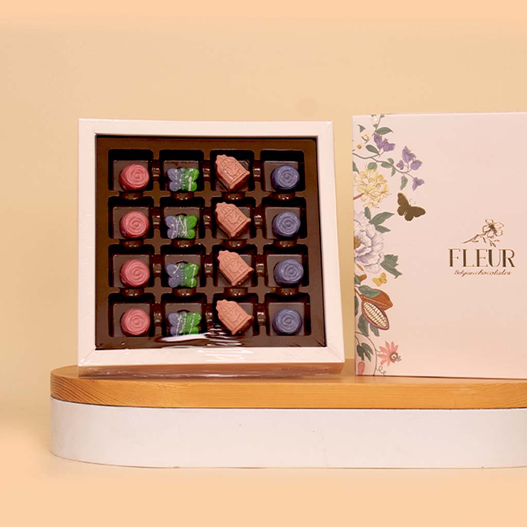 Fleur 16 Pieces Belgian Chocolate Bonbons with Hand Bouquet of 20 Red Roses