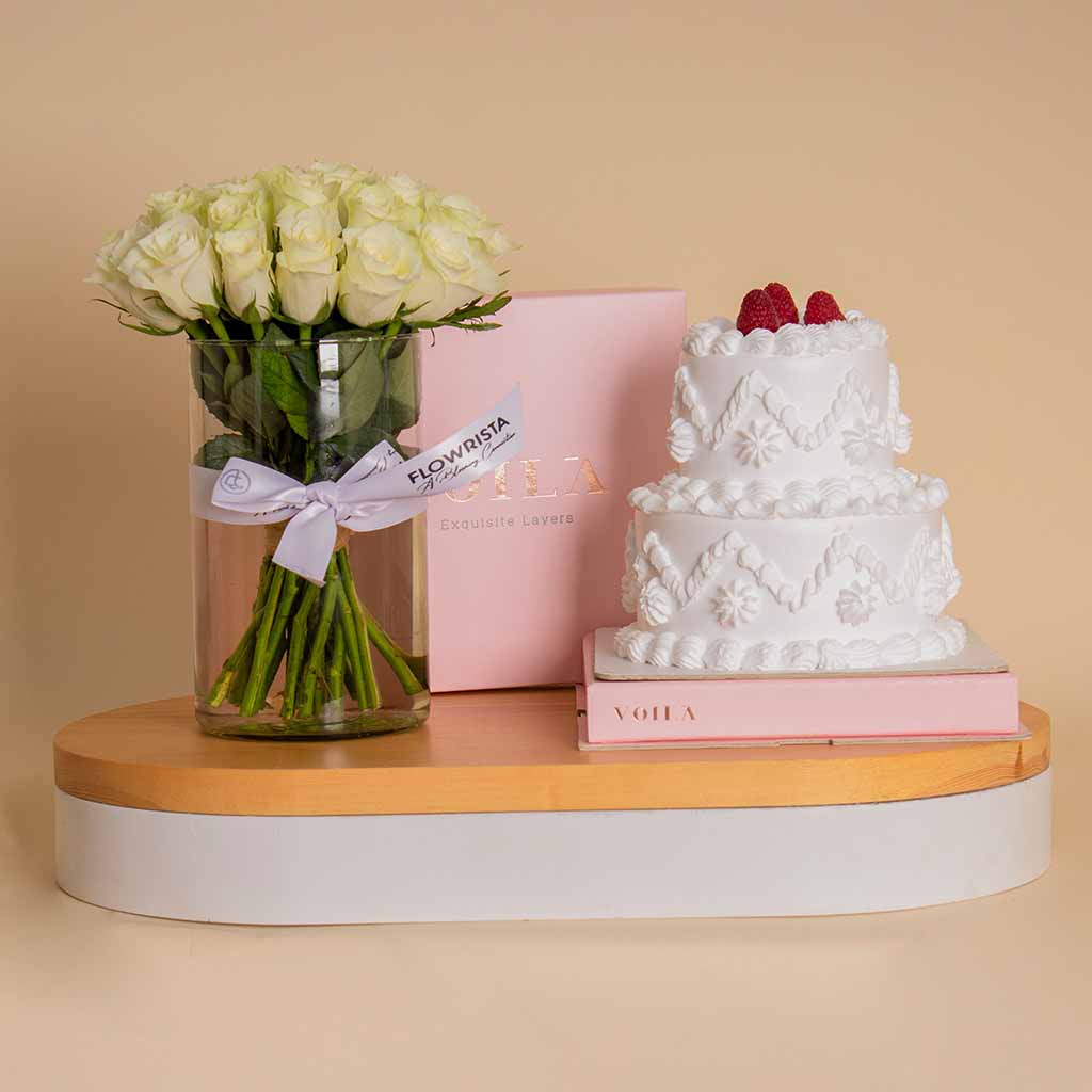 Voila Red Velvet Cake with Vase of 25 White Roses