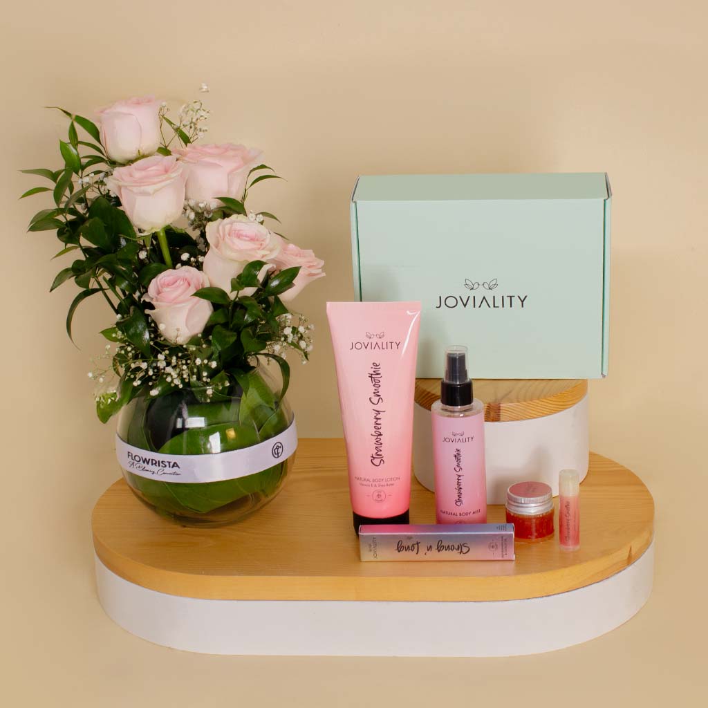 Joviality Skin Love Kit with Vase of Unique Roses