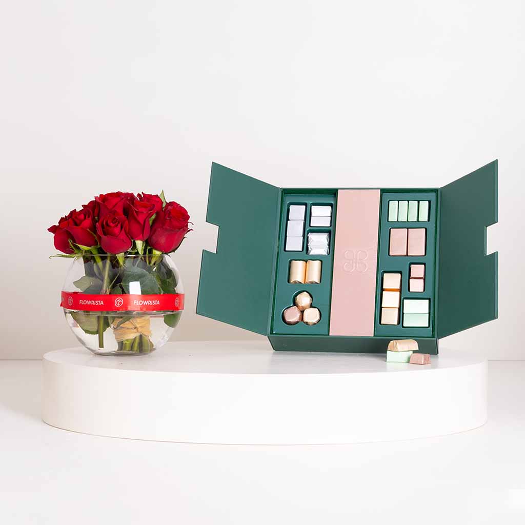 Patchi Les Signatures Prestige Box 940g & Red Roses Vase