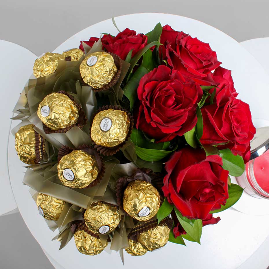 Red Roses Vase with Ferrero Rocher & Zaha Home Candle