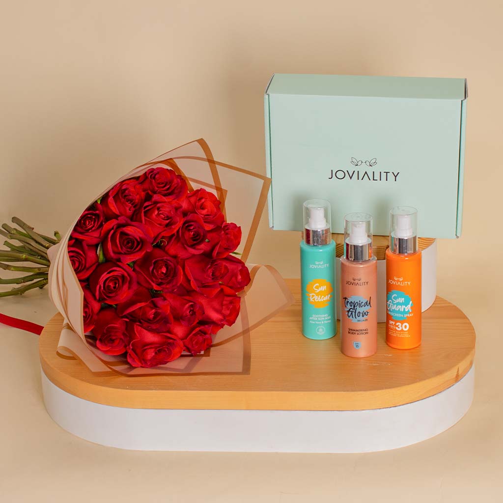 Joviality Sun Care Gift Box with Hand Bouquet of 20 Red Roses