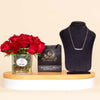 FelizModa Three Stones Silver Necklace with Heart of Love & 15 Red Roses Vase