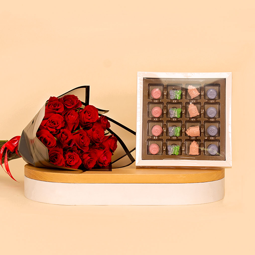 Fleur 16 Pieces Belgian Chocolate Bonbons with Hand Bouquet of 20 Red Roses