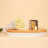 Passionelle Chocolate Small Gold Ingot Box with Hand Bouquet of 15 White Roses