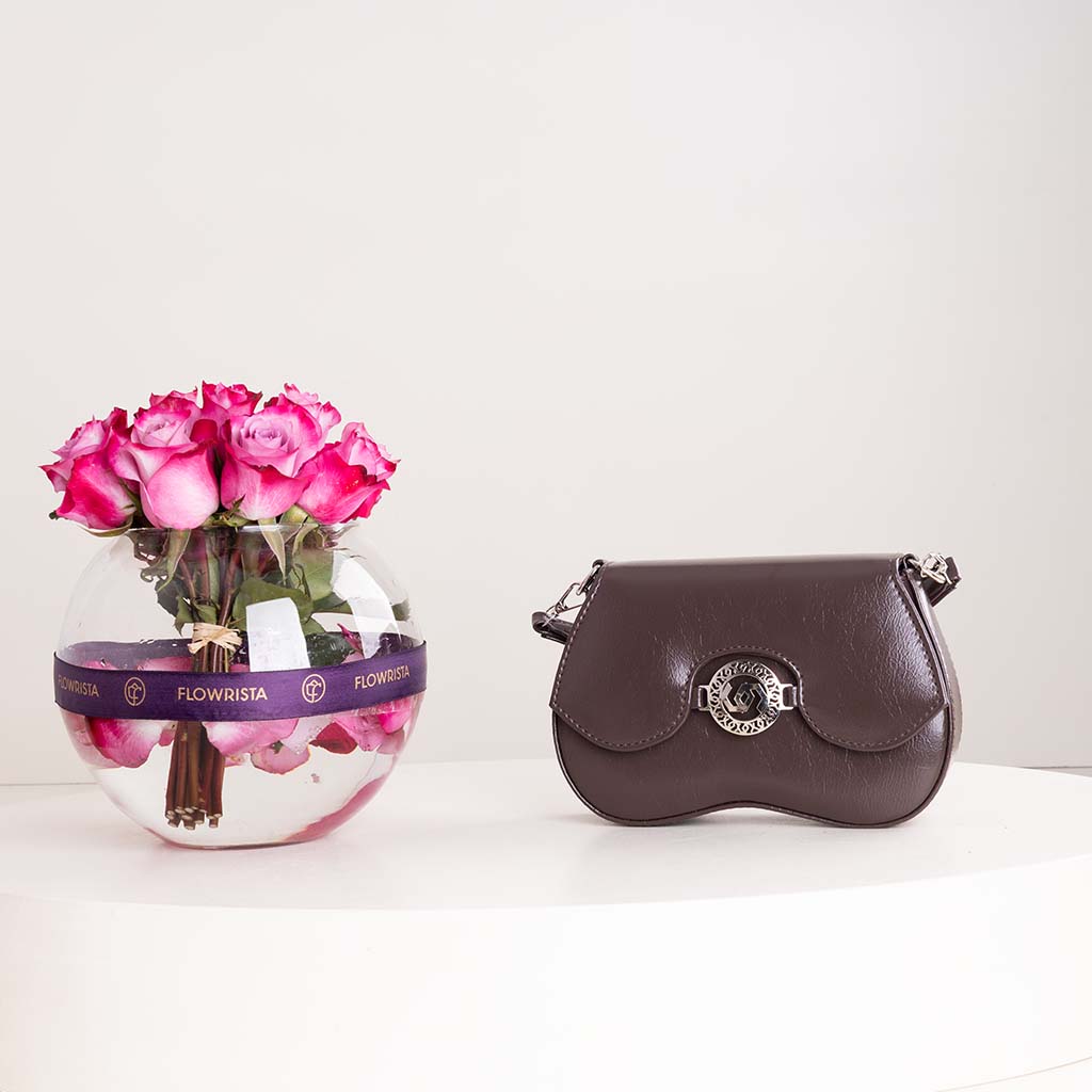 CoCan Mini Golden Purse Bag & Purple Roses Vase