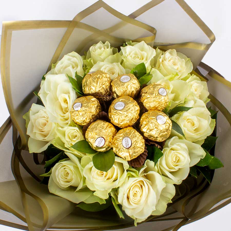 Bouquet of White Roses & Ferrero Rocher Chocolates