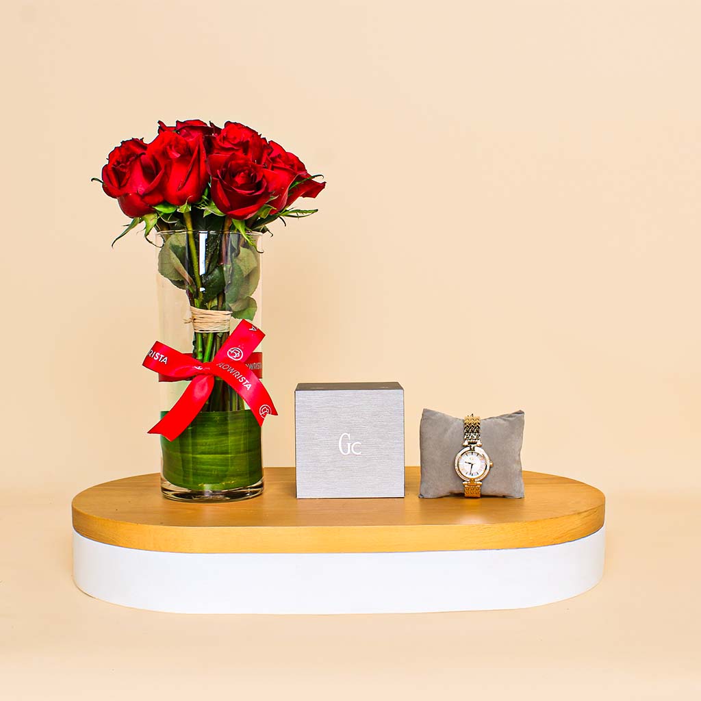 Valentine’s Gift Set – Guess Watch with Red Roses Bouquet