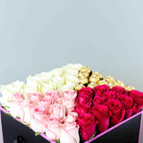 Box of Pink, Red & White Roses with Ferrero Rocher Chocolates