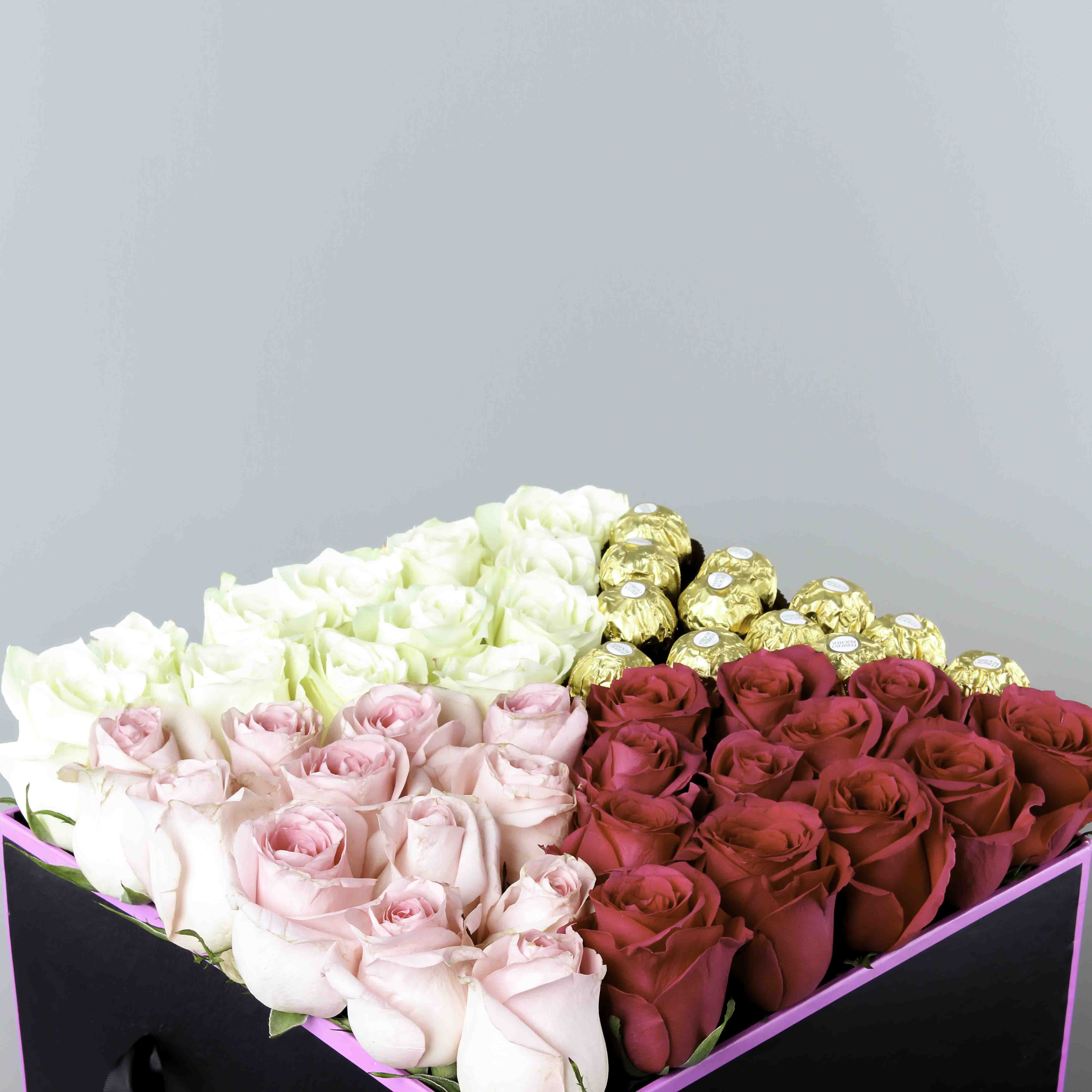Box of Pink, Red & White Roses with Ferrero Rocher Chocolates