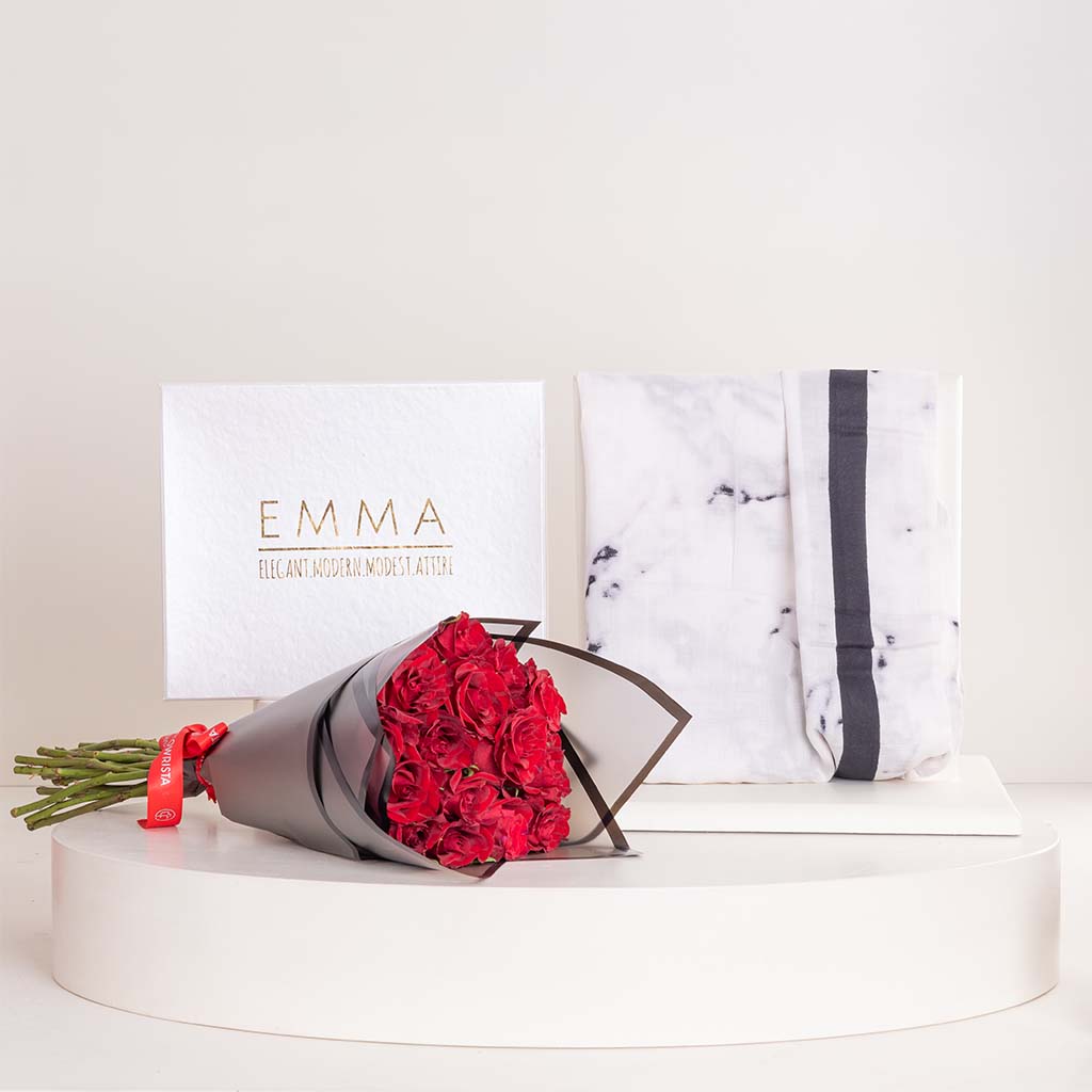 EMMA White Marble Scarf & Red Roses Bouquet