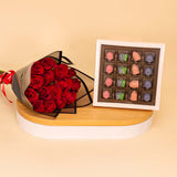 Fleur 16 Pieces Belgian Chocolate Bonbons with Hand Bouquet of 20 Red Roses