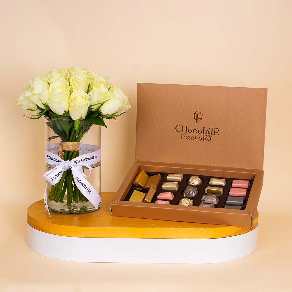 Chocolate Factory  Luxe Box – 19 Pieces & White Roses Vase