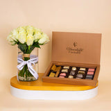 Chocolate Factory  Luxe Box – 19 Pieces & White Roses Vase