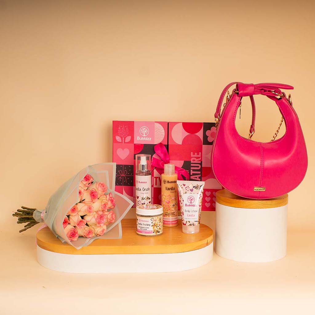 Fuchsia & Vanilla Bundle - Almaki Bag With Bubble Set & Pink Roses Hand Bouquet