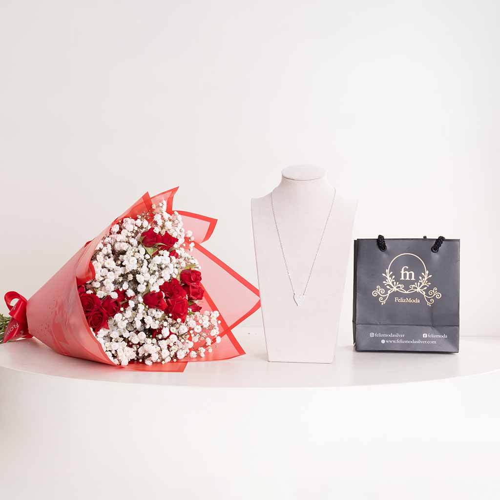 Felizmoda Silver Heart Zircon Pendant Necklace & Baby Roses Bouquet