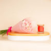 Red Jar Candle with 15 Light Pink Roses Bouquet