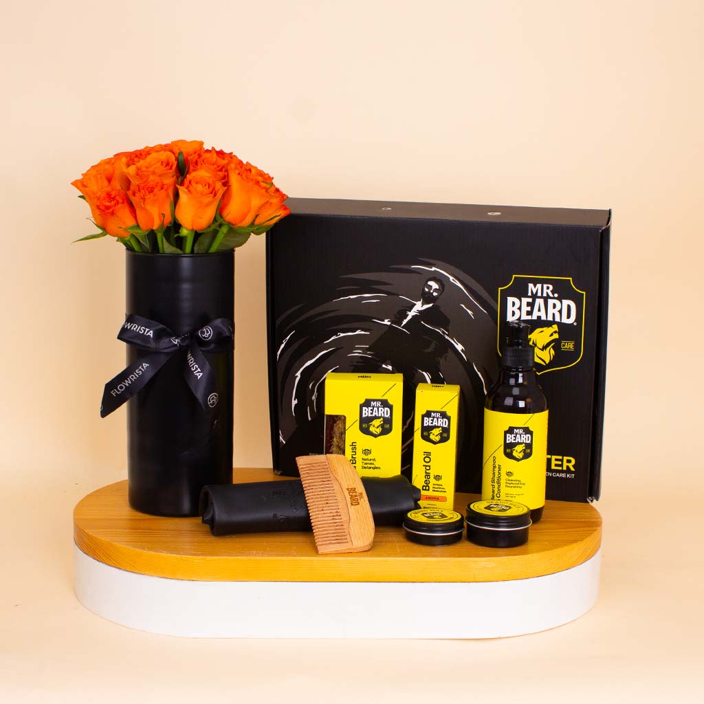 Mr.Beard Kit Aroma Scent & Orange Roses Vase