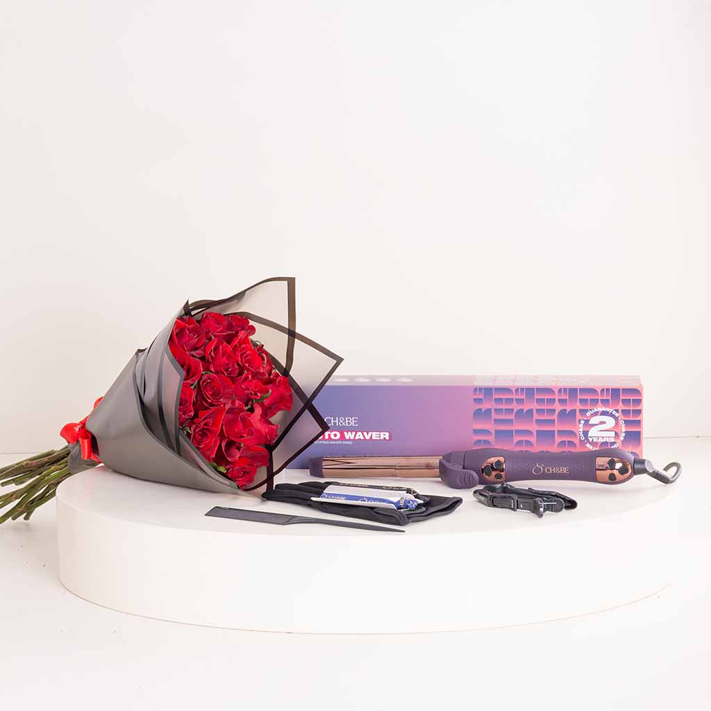 CH&BE Auto Waver Hair Rotating Curler & Red Roses Bouquet