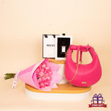 Alamki Bella Fuchsia Bag & MUSC Oud Musc Perfume with Pink Roses Bouquet