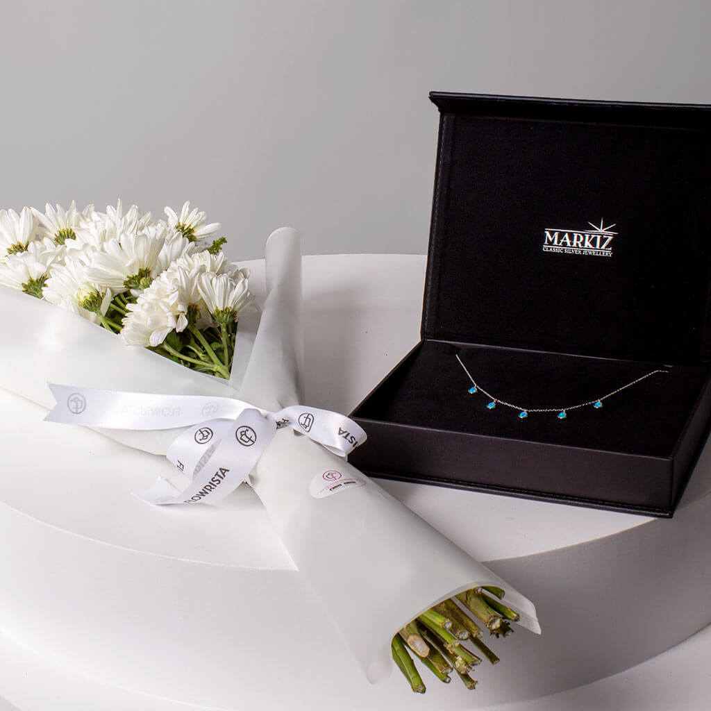 Markiz Rhodium Opal Necklace & 10 White Chrysanthemum Bouquet