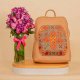Pavo Laptop Backpack with Floral Embroideries & Purble Vase