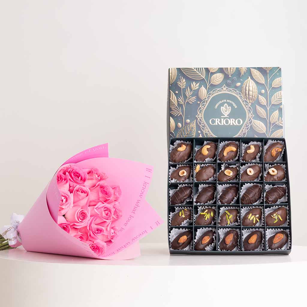Crioro Premium Stuffed Medjool Dates - 25-Piece & Revival Roses Bouquet