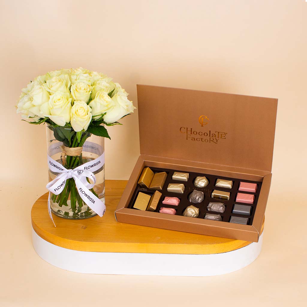 Chocolate Factory  Luxe Box – 19 Pieces & White Roses Vase