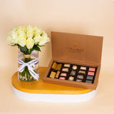 Chocolate Factory  Luxe Box – 19 Pieces & White Roses Vase