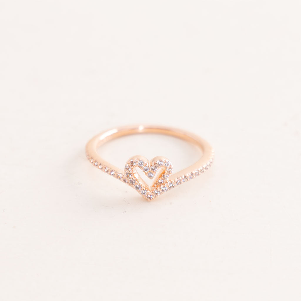 Pandora Sparkling Heart Wishbone Ring 14k Rose Gold-Plated
