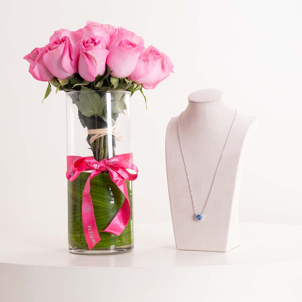 Markiz Platinum-Plated Blue Zircon Necklace & Pink Revival Roses Vase