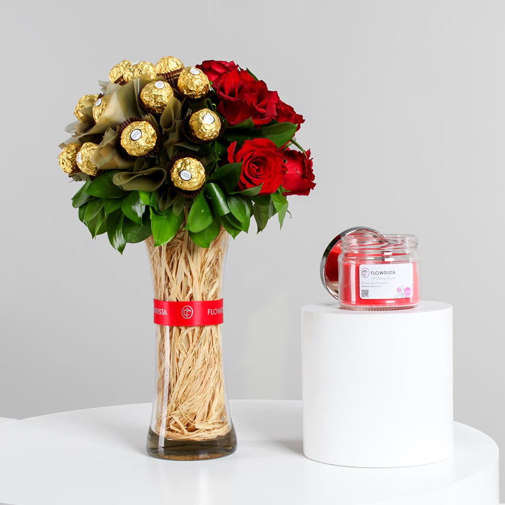 Red Roses Vase with Ferrero Rocher & Zaha Home Candle
