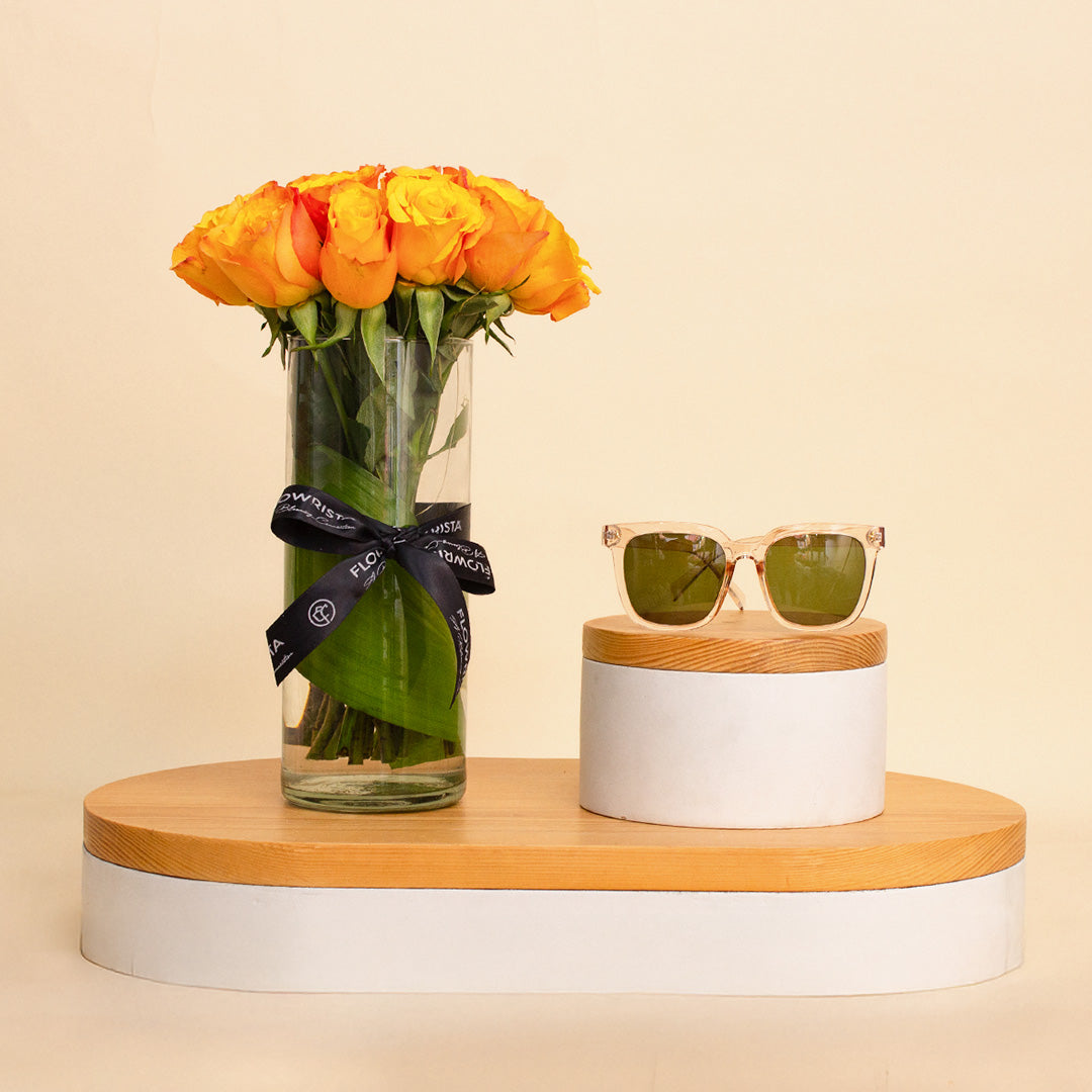 Sedrak Sunglass | Clear Frame with Green Lenses 15 Orange Roses Vase