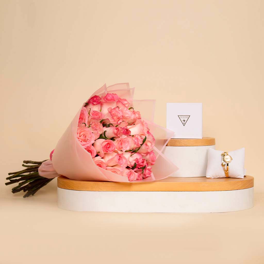 Guess Ladies Gold Tone Analog Watch And 20 Pink Roses Hand Bouquet