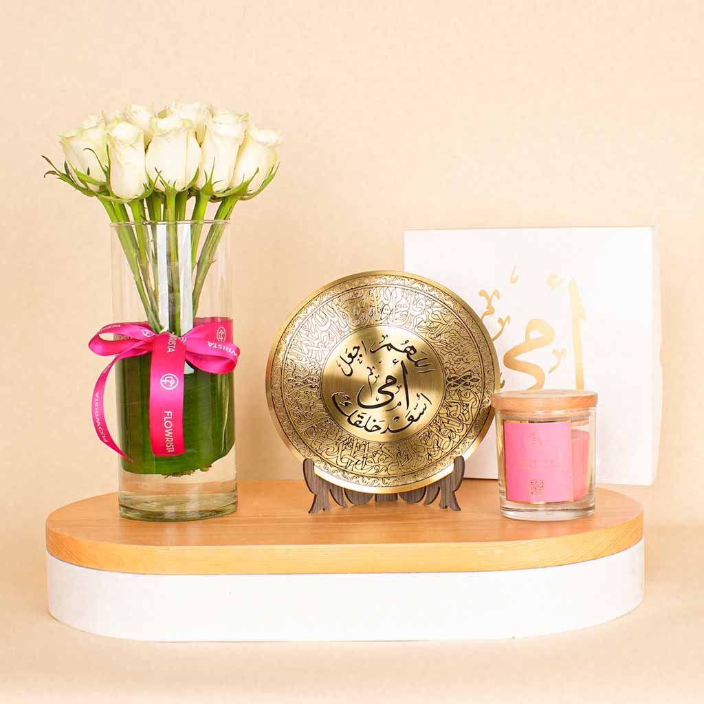 Flowrista | White Flower Vase with Candle & Golden Mother’s Shield