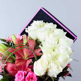 Luxury Flower Box: White Roses, Lilies, and Gerberas