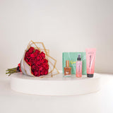 Joviality Strawberry Bronze Body Care Trio & Red Roses Bouquet
