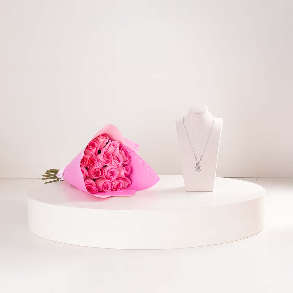GUESS Stainless Steel Heart Caged Necklace & Pink Roses Bouquet