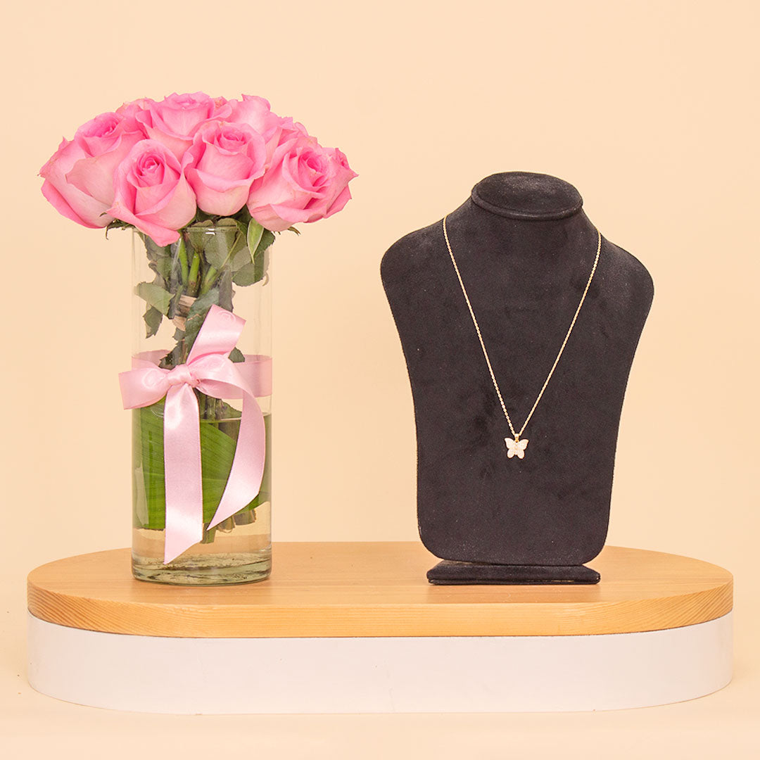 Markiz Butterfly Necklace & 15 Pink Roses Vase