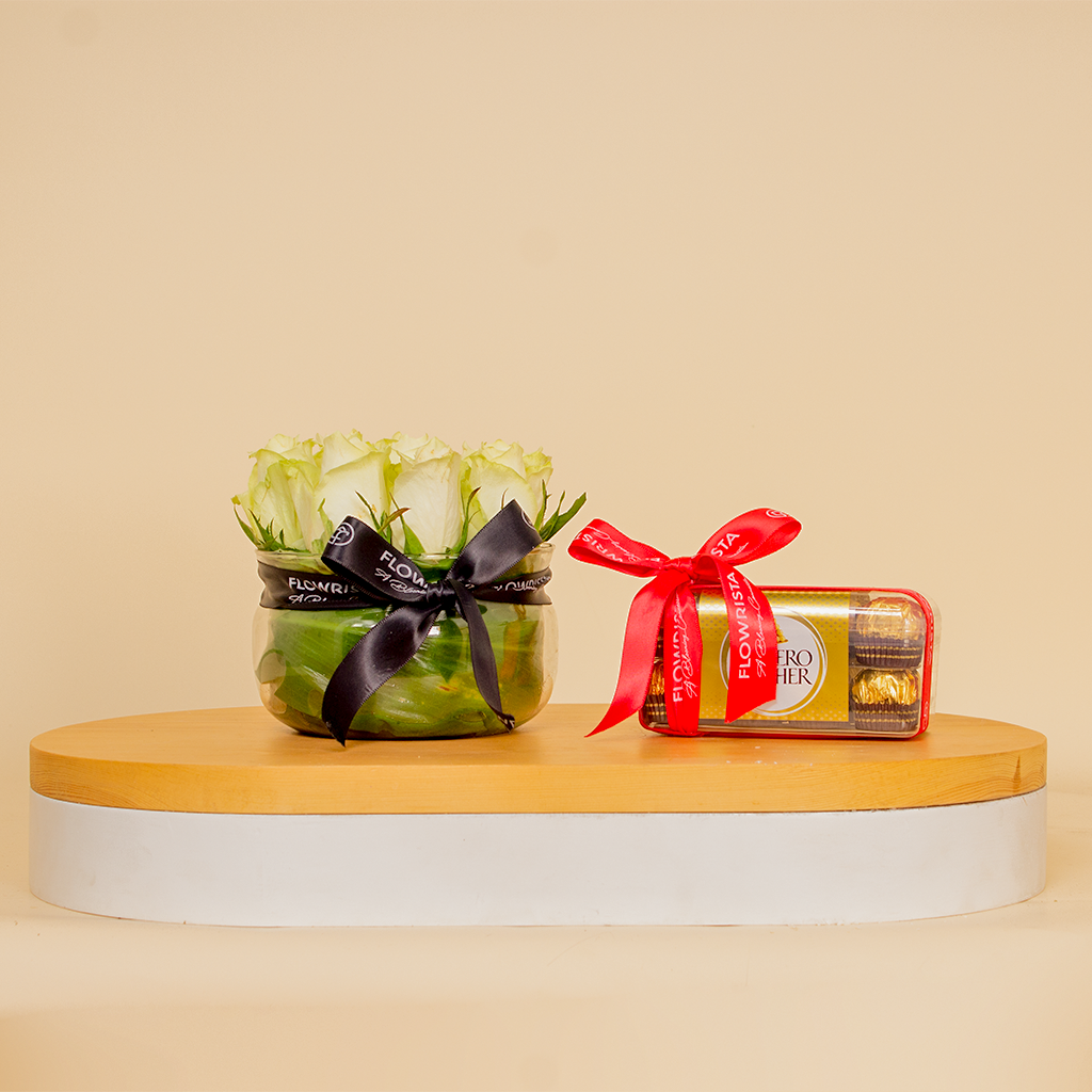 White Roses Vase with Ferrero Rocher Chocolates